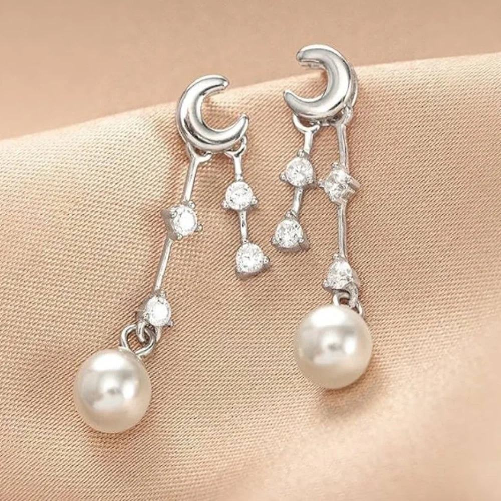 925 Sterling Silver and Pearl Crescent Earrings